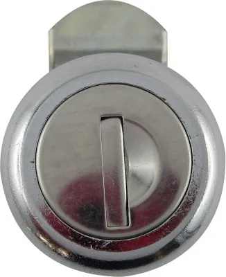 A close-up, front-facing view of a silver lock cylinder with a keyhole.