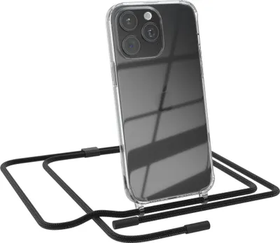 Produktbild von EAZY CASE Handykette für Apple iPhone 15 Pro Max, Clear Case aus Silikon, mit Umhängeband, abnehmbare Endstücke, Handyband in Schwarz