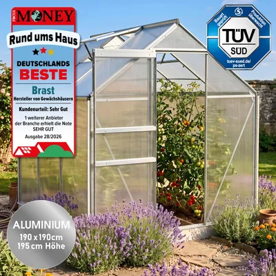 Produktbild von BRAST Gewächshaus Aluminium mit Fundament | 190x190x195cm | 6mm Hohlkammerplatten | rostfrei wetterfest temperaturbeständig | Silber