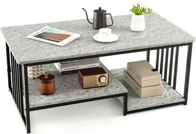 Obrázok produktu pre COSTWAY Art Marble Coffee Table, obdĺžnikový dvojúrovňový stôl s otvorenou policou, moderný dlhý konferenčný stolík s kovovým rámom do obývačky, domácnosti, kancelárie, sivý