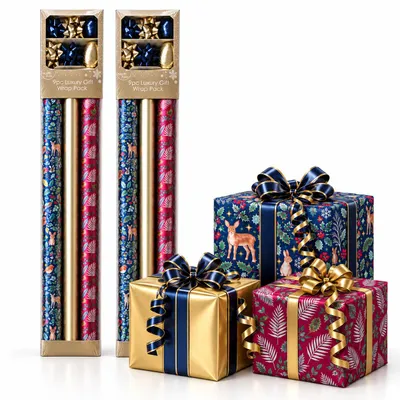 Imagen del producto de Variedad de papel de regalo navideño metálico KE139 - 150 x 70 cm - 6 rollos y 4 cintas de papel kraft y 8 lazos de papel kraft