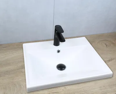 Produktbild von Keramik Waschbecken eckig 510x415x155 weiß mit Überlauf Einbauwaschbecken mit Pop-Up Ablauf schwarz-matt