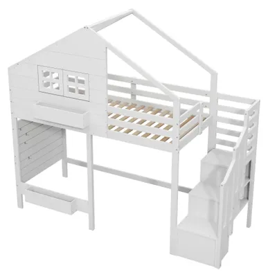 Image de Lit superposé pour enfants - 90 x 200 cm - Bois de pin - Barrières de sécurité - Escalier avec espace de rangement - Fenêtre - Blanc