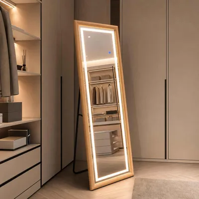 Productafbeelding van Zimilo staande spiegel met LED-verlichting, 159x49,5 cm, spiegel voor het hele lichaam met houten frame en touchdimmer, 3 lichtkleuren, geschikt voor slaapkamer en kleedkamer
