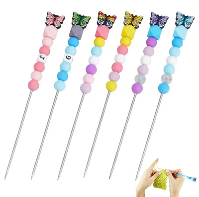6 Stricknadeln mit Schmetterlingsperlen, Edelstahl, 24 cm, DIY