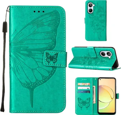 Produktbild von Lederhülle für Realme 10 4G Schmetterling Prägung Flip Ledertasche Kartenfächer Handyhülle mit Ständer Grün