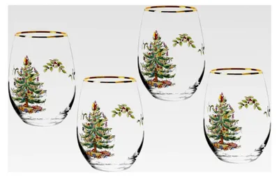 Produktbild von Weihnachtsbaum-Glaswaren – Set mit 4 – aus Glas – Goldrand – klassisches Trinkgeschirr – Geschenk für Weihnachten, Feiertage oder Hochzeit – Trinkgläser ohne Stiel