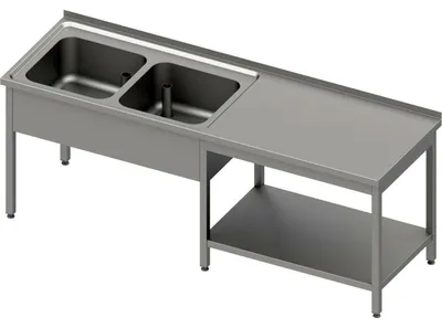 Productafbeelding van Werkbank met onderstel, geschikt voor gebruik onder een werkblad, met twee wasbakken aan de linkerkant, afmetingen 2100x600x850 mm, met opstaande randen en gelast constructie