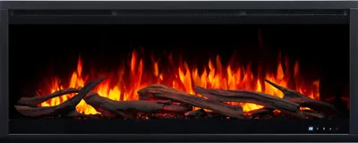 A close-up, front-facing view of an electric fireplace with realistic flame effects and decorative logs.
