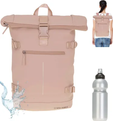 Produktbild von Rucksack Freizeitrucksack Damen Mädchen Roll Top Kurierrucksack Laptoprucksack New Rebels William groß A4 Geheimfach Anti-Theft Laptop Backpack 511306 67 Pastell Dusty Pink Rosa + Trinkflasche bagboom