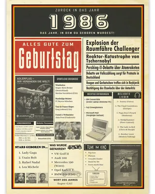 Geburtstagskarte 1986, A4, mit Ereignissen des Geburtsjahres, inkl. Umschlag
