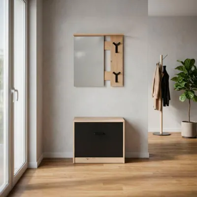 Immagine prodotto di Mobile Ingresso Limone41A con Specchio, Appendiabiti e Scarpiera Rovere e Nero