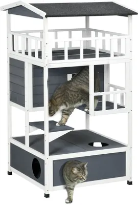 Produktbild von PawHut Katzenhaus, Tannenholz, Katzenhütte für draußen mit Terrasse, Katzenhöhle, 4 Etagen, Katzenvilla mit Treppe, Asphaltdach, Winterfest, Kleintierhaus, Grau, 75,5 x 75 x 137 cm