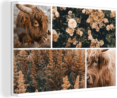 Produktbild von OneMillionCanvasses® - Leinwandbilder - 140x90 cm, Scottish Hochlandrind - Blumen - Pflanzen - Braun, Wandbilder Wohnzimmer Hochland Rind - Tier Wanddekoration - Hochland Rind - Kuh - Gemälde auf Holzrahmen