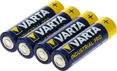 Four Varta Industrial Pro AA batteries are arranged diagonally on a white background.
