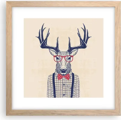 Produktbild von Gerahmtes Poster - Rahmen in heller Eiche - Charakter Hirsch Illustration hipster - 30x30 cm - Wand Bild - Wanddeko - Wandbilder - Wandposter - Bilderrahmen - Bilder - Kunstdruck - P2NAC30x30-3120