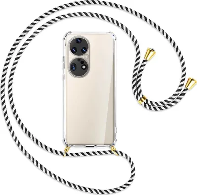 Produktbild von Handykette Backcover-Schutzhülle mit Band (Metall goldfarben) für Huawei P50 Pro - schwarz/weiß gestreift