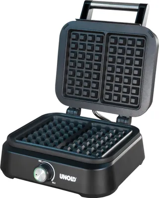 Das Unold BELGISCHE WAFFELEISEN Brüssel ist ein schwarzes elektrisches Waffeleisen mit Edelstahlgrif