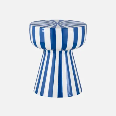 A blue and white striped stool against a white background.