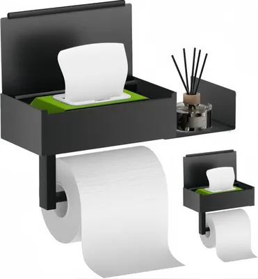 Produktbild von AIORBER Toilettenpapierhalter mit Feuchttücherbox, Edelstahl Wandmontage Regale, Multifunktional Versteckte Feuchttücherbox, Ohne Bohren, Schwarz