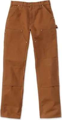 A pair of brown work pants laid flat against a white background.
