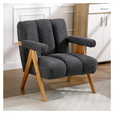 Produktbild von Armlehnensessel Chenille Loungesessel für das Wohnzimmer, moderner Polsterstuhl mit Holzbeinen, Relaxsessel für das Schlafzimmer, Grau