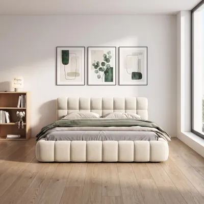 Obrázek produktu pro Postel INONEFT, rozměry 140 x 200 cm, dvojlůžko s opěrkou a čalouněným rámem, dětská postel "Bubble" s roštem, potah z lněného materiálu, barva béžová, productTiles.product.images.aiGenerated