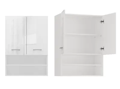 A white cabinet with two doors is shown from the front and a side view with the doors open.