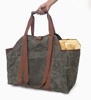 Immagine prodotto di Borsa per legna da ardere, realizzata in tela cerata, impermeabile, con tracolla e maniglie