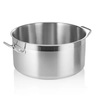 A stainless steel cooking pot with handles, shown from a side angle against a white background.