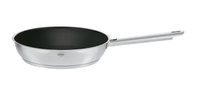 A stainless steel frying pan with a black interior is shown against a white background.