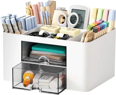 Produktbild von Schreibtisch Organizer mit 2 Schubladen, 3 Stiftehaltern, 19,5x14x10 cm, für Büro und Schule