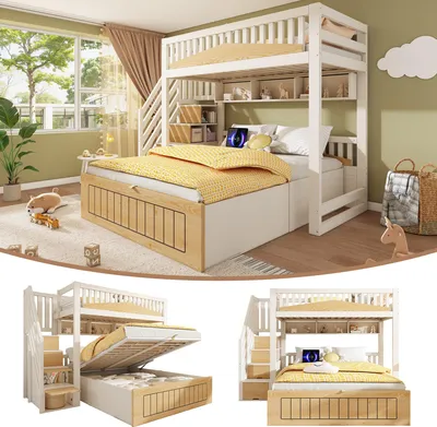 Image de Lit superposé 90 x 200 et 140 x 200 cm, lit d'enfant en bois avec rangement hydraulique, armoire-escalier, barrières de sécurité et port USB-C, blanc naturel