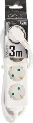 A product shot of a white power strip with a cord and packaging.