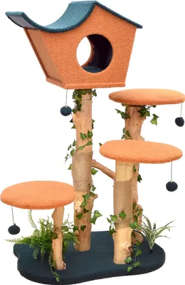 Produktbild von Fudajo Kratzbaum mit Pflanzendeko 135 cm, Katzenkratzbaum mit Teddyfell und Birnbaumholz, Katzenhaus mit Spielbällen, Katzenmöbel mit Plattformen