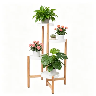 Produktbild von Blumentreppe Bambus 4 Ebenen – Blumenregal Holz für Blumentöpfe, Pflanzenständer für Garten, Balkon & Wohnzimmer