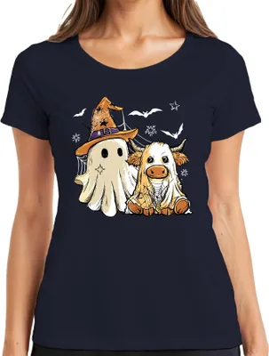 Produktbild von Halloween Kuh Geist süßes Kostüm Spinnennetz Hexenhut Cartoon Damen T-Shirt, Navy, M