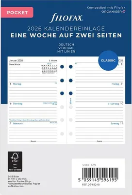 Produktbild von FILOFAX Kalendereinlage 2026 - Pocket 120x81mm- 1 Woche = 2 Seiten - vertikal - deutsch - 26-68240
