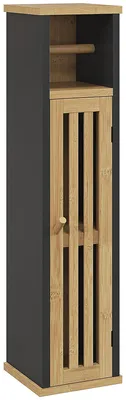 Produktbild von Badezimmerschrank mit offenem Regal und Schrankfach, Bambus und MDF, 18 x 18 x 75 cm, Schwarz und Holzfarben