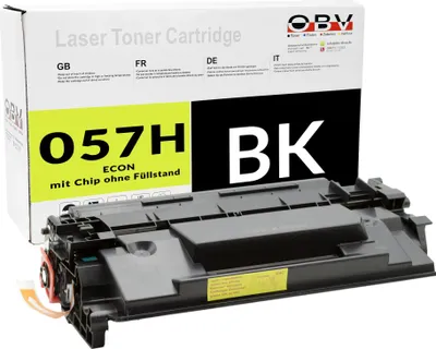 A black laser toner cartridge is shown in front of its packaging box.