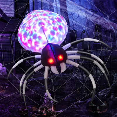 Produktbild von COSTWAY Aufblasbare Halloween-Spinne, Gruselige Spinnendekoration mit rotierendem LED-Lichter & Spinnennetz, Halloween-Dekoration für Party Rasen Hof (Grün-Schwarz)