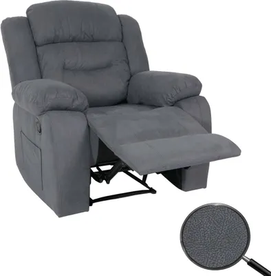 A gray recliner chair with the footrest extended, shown against a white background. A close-up inset shows the texture of the fabric.