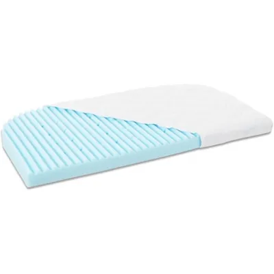 A cutaway view of a baby mattress with a blue foam core and a white cover.