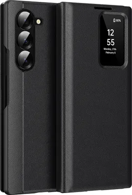 Produktbild von Leder Flip Case für Samsung Galaxy Z Fold 6, Smart View Fenster Handyhülle mit Kartenfach Schwarz