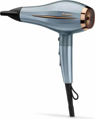A professional studio shot of a blue hairdryer with gold accents.