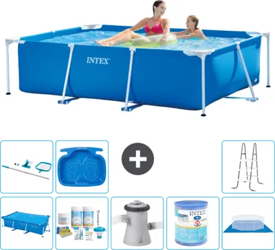 Obrázek produktu pro Bazén Intex s obdélníkovým rámem - 220 x 150 x 60 cm - modrý - obsahuje markýzu - balíček pro údržbu - filtrační čerpadlo pro bazén - filtr - krycí plachtu - čisticí sadu