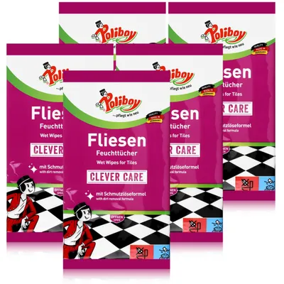 Produktbild von Poliboy Fliesen Feuchttücher 15 Tücher - Für Fliesen & Steinböden (5er Pack)