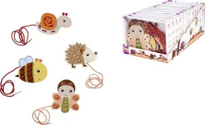 Four wooden lacing toys in the shape of a snail, hedgehog, bee, and butterfly, along with a box of more toys.