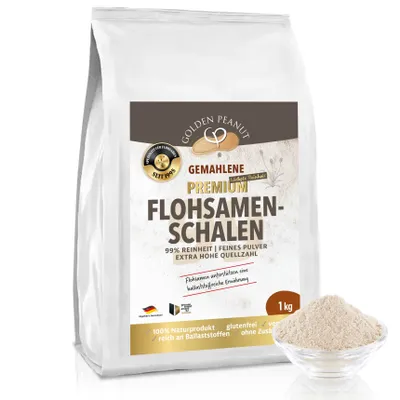 Produktbild von GOLDEN PEANUT Flohsamenschalen Pulver 99% 1 kg - Psyllium Pulver aus Indien, gemahlen, glutenfreie Backzutat