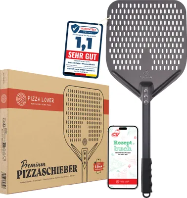 Produktbild von PizzaLover Pizzaschaufel Premium - Perforierter Pizzaschieber aus Harteloxiertem Aluminium mit rutschfester Griff – 30x70 cm – Ideal für Pizzaofen, Grill, Pizzastein - Profi & Hobby Pizzabäcker